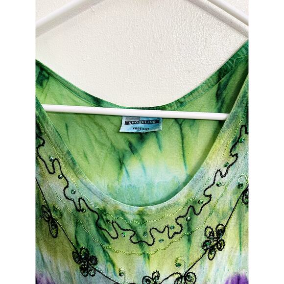 Vintage Shoreline Tie Dye Embroidered Floral Free Size Midi Dress Festival Boho - Picture 3 of 3